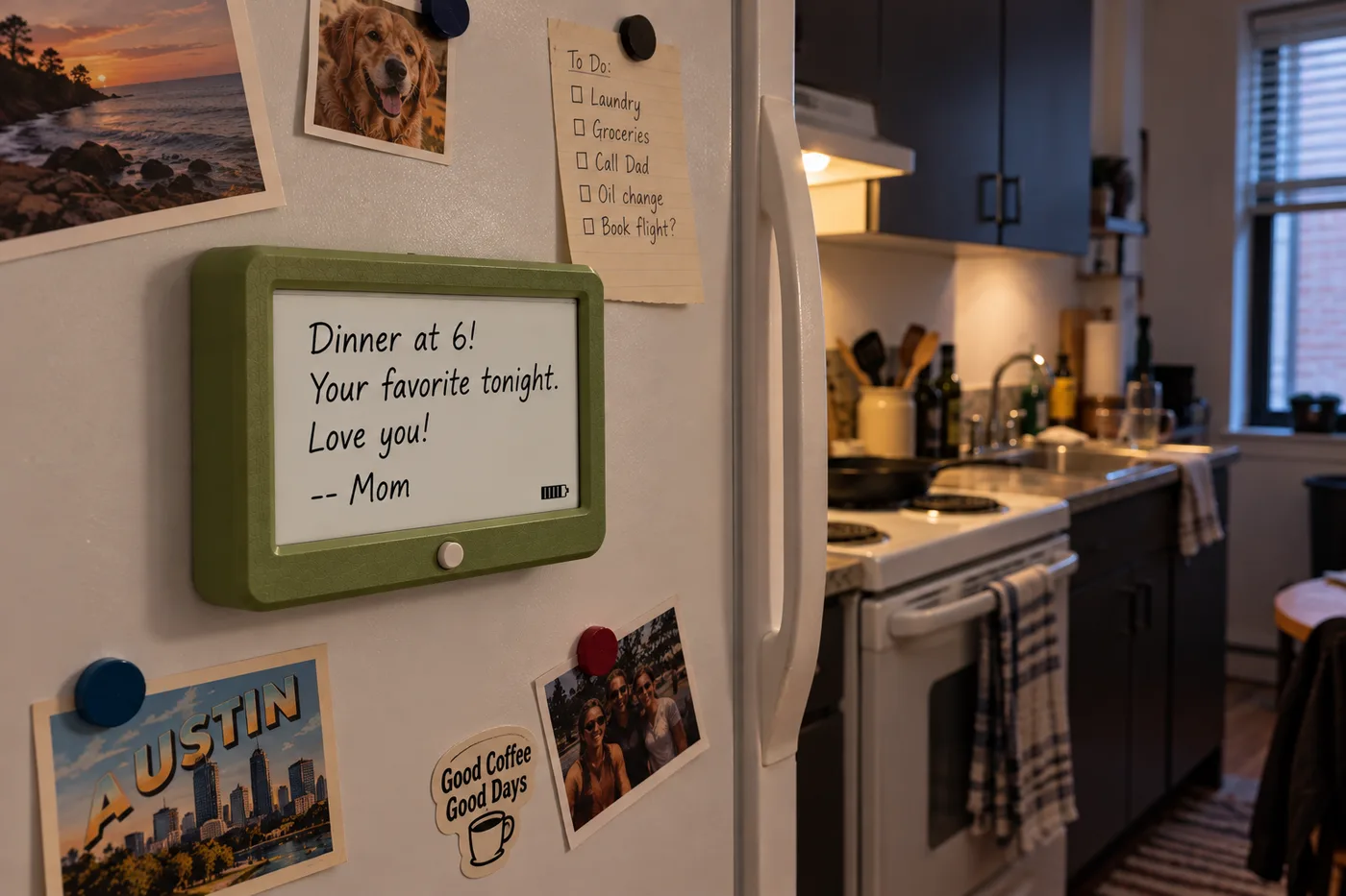 Maggie in Matcha on a refrigerator, showing a message: Dinner at 6! Your favorite tonight. Love you! -- Mom